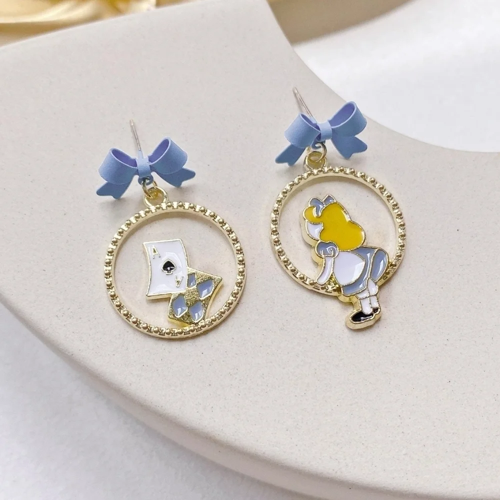 Alice in Wonderland Drop Earrings Whimsical Blue Bow Dangles